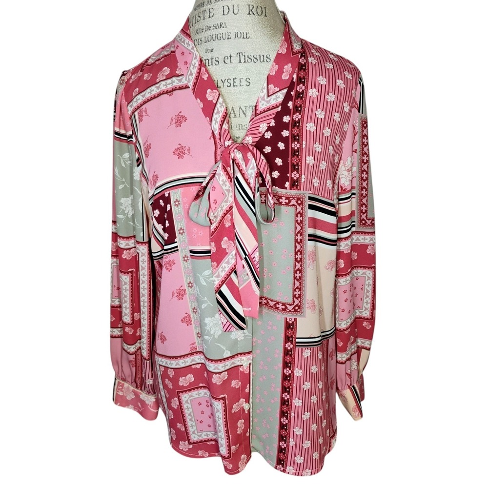 Talbots Patchwork Blouse Womens‎ LP Pink Floral Bohemian Business Casual Preppy